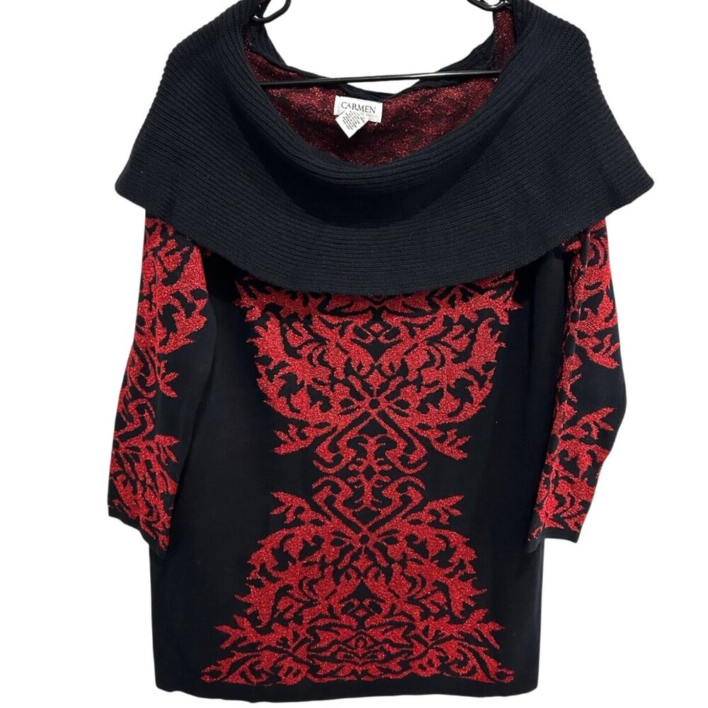 Carmen Carmen Marc Valvo Off The Shoulder Sweater Dress Red Black Sz XL Damask